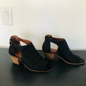 Lucky Brand leather boot, black, open toe, buckle closure, 2.25” heel, size 8.5.